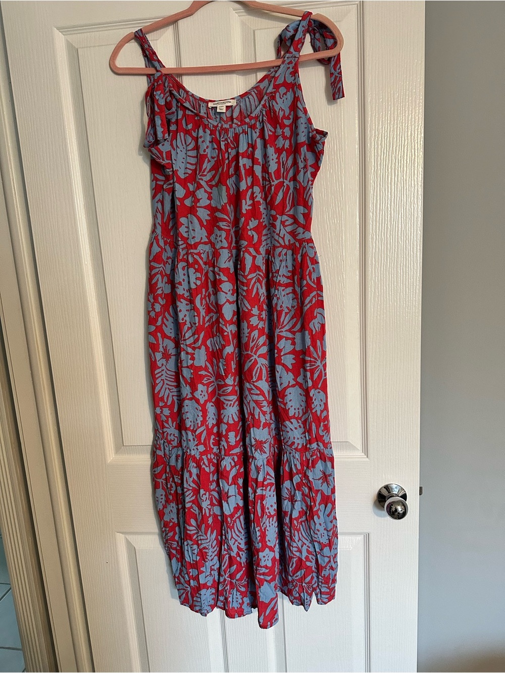 Tie-Shoulder Floral Maxi Dress in Red and Light Blue